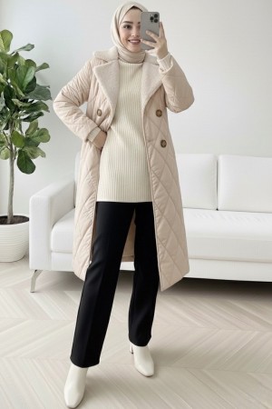 Fur Collar, Belted Waist, Buttoned, Lined, Quilted Coat -Stone