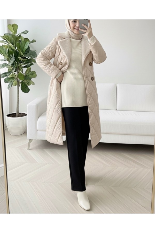 Fur Collar, Belted Waist, Buttoned, Lined, Quilted Coat -Stone