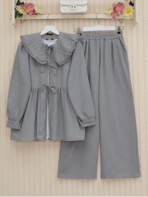 Önlük Yaka Taş Ve Boncuk Detaylı Önü Bağlamalı Takım  -Gri