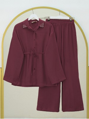 Yakası Taşlı Belden Bağlamalı Pantolonlu Takım -Bordo