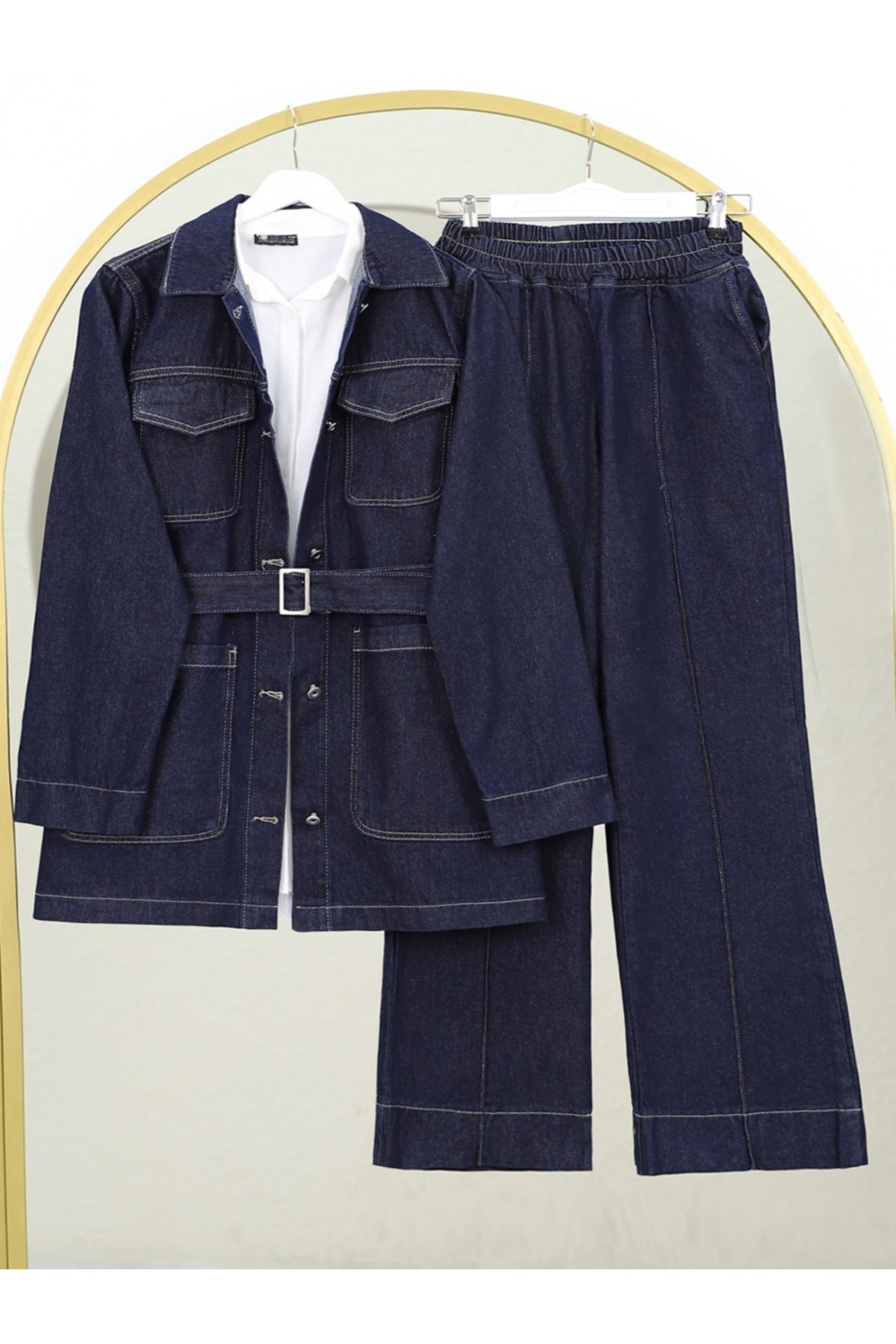Waist Belted Front Buttoned Pocket Denim Set -dark lacquer