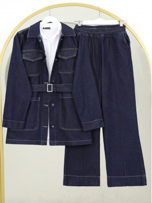 Beli Kemerli Önü Düğmeli Cepli Kot Takım  -K.Laci