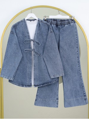 Bol Paça Pantolonlu Önü Bağlamalı Kot Kimono Takım -Buz Mavi