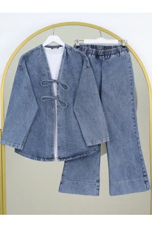 Front Tie Denim Kimono Set with Wide Leg Trousers -Ice Blue