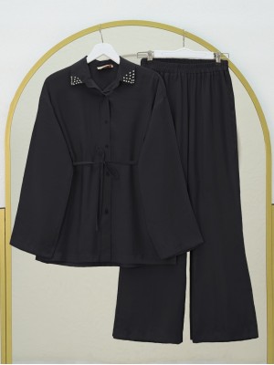 Yakası Taşlı Belden Bağlamalı Pantolonlu Takım -Siyah