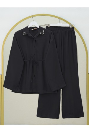Stone Collared Waist Tied Trouser Suit -Black