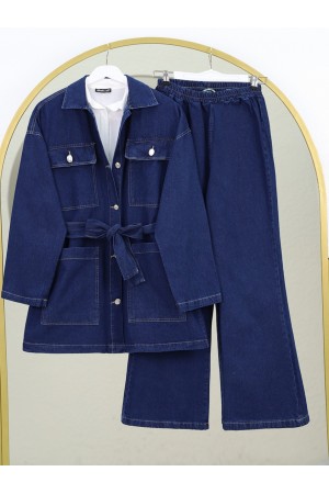 Waist Tie Pouch Pocket Denim Set  -Navy blue
