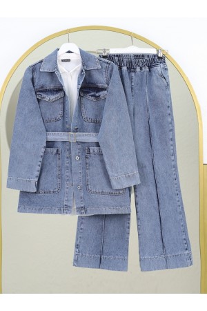 Beli Kemerli Önü Düğmeli Cepli Kot Takım  -Buz Mavi