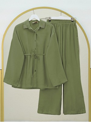 Yakası Taşlı Belden Bağlamalı Pantolonlu Takım -Haki