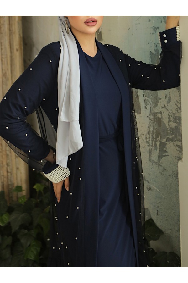 İnci Detaylı Kuşaklı İkili Abaya  -Laci