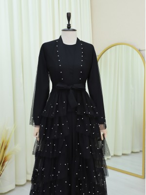 Eteği Katlı Serpme İncili Tül Abaya Takım -Siyah