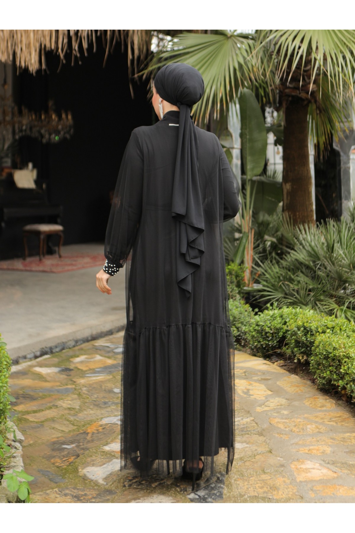 Pearl Detailed Belted Double Abaya -Black