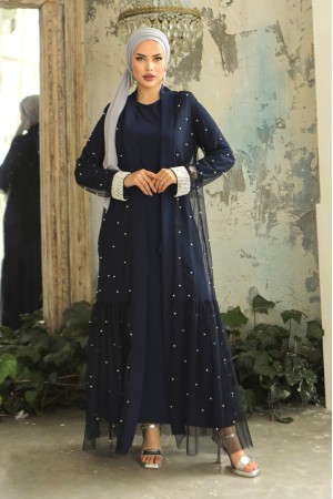 İnci Detaylı Kuşaklı İkili Abaya  -Laci