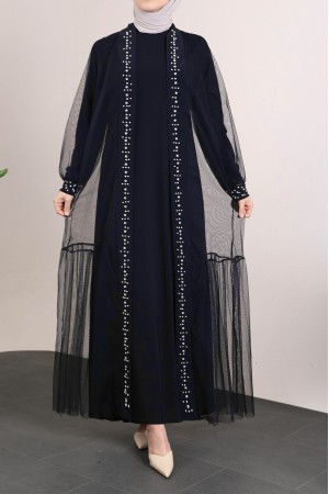 Önü Taş Ve İnci Detaylı Beli Bağcıklı İkili Abaya -Laci