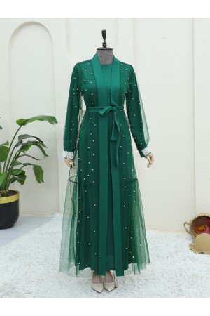 İnci Detaylı Kuşaklı İkili Abaya  -Yeşil