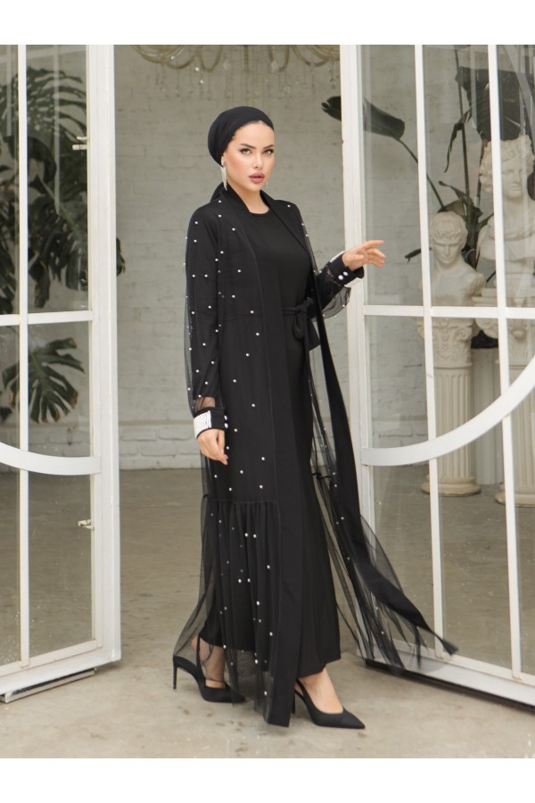İnci Detaylı Kuşaklı İkili Abaya  -Siyah