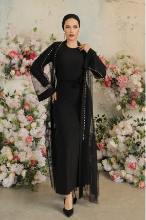 Şerit İncili Beli Bağcıklı İkili Abaya  -Siyah