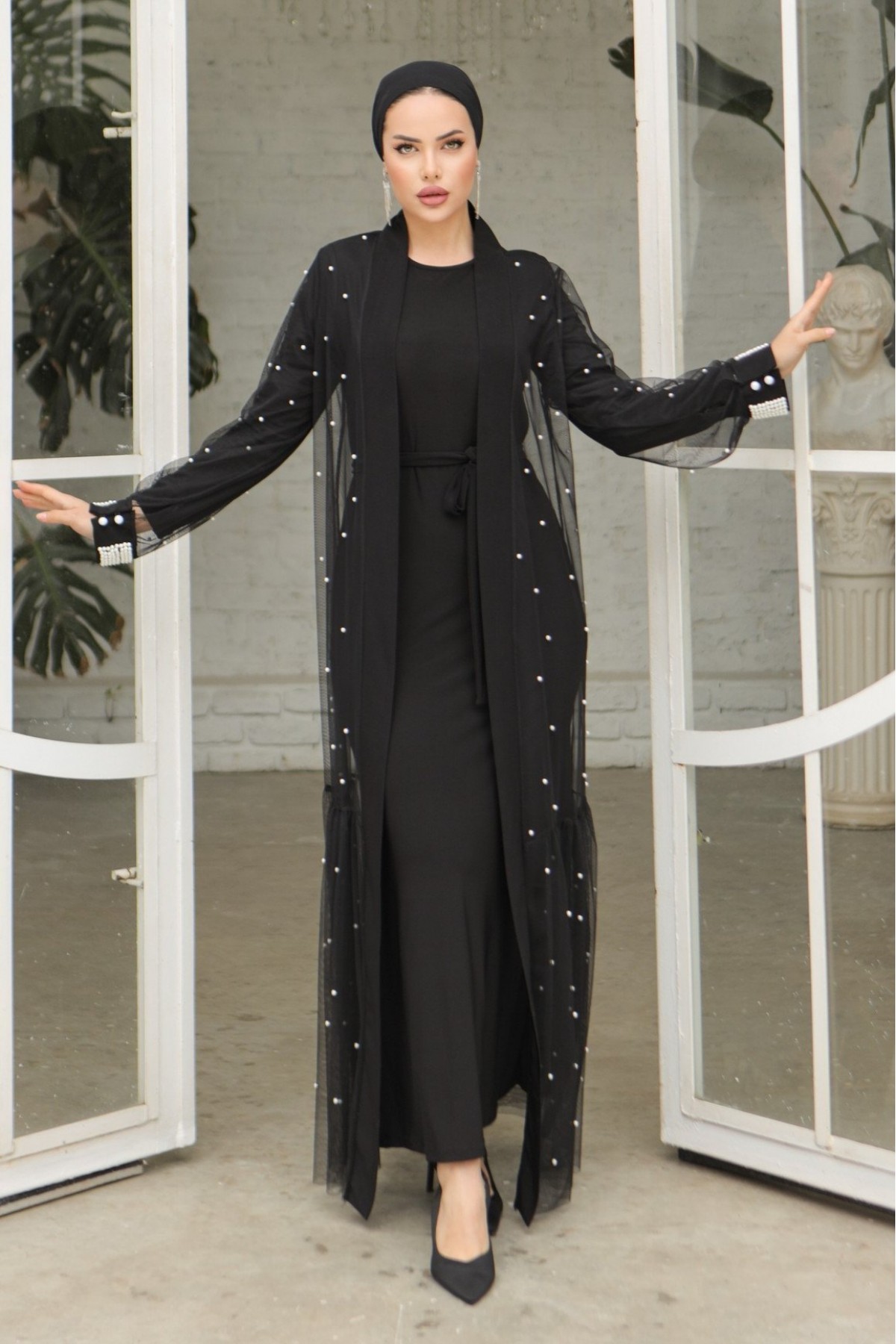 Pearl Detailed Belted Double Abaya -Black