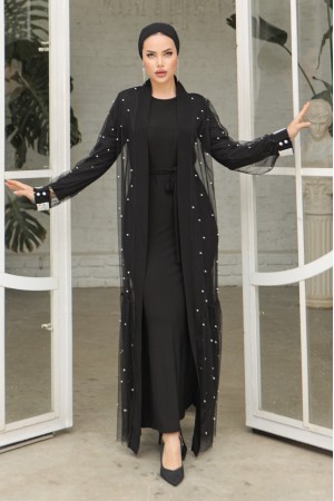 İnci Detaylı Kuşaklı İkili Abaya  -Siyah