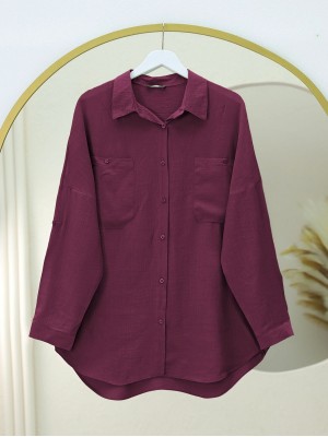 Çift Cepli Oval Kesim Kolu Katlamalı Gömlek Tunik -Bordo