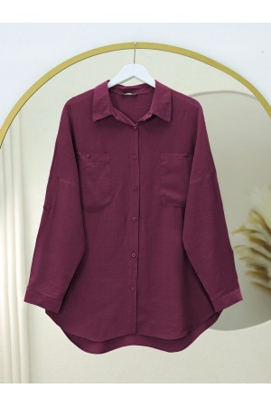 Çift Cepli Oval Kesim Kolu Katlamalı Gömlek Tunik -Bordo