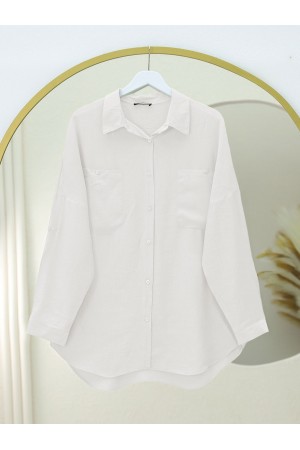 Çift Cepli Oval Kesim Kolu Katlamalı Gömlek Tunik -Beyaz