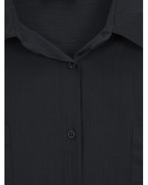 Double Pocket Oval Cut Folded Sleeve Shirt Tunic -Black