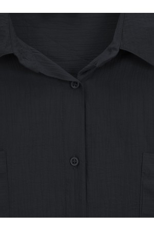 قميص تونيك ذو جيب مزدوج وقصّة بيضاوية وأكمام مطوية -أسود