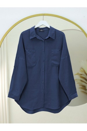 قميص تونيك ذو جيب مزدوج وقصّة بيضاوية وأكمام مطوية -كحلي