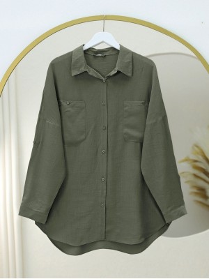 Çift Cepli Oval Kesim Kolu Katlamalı Gömlek Tunik -Haki