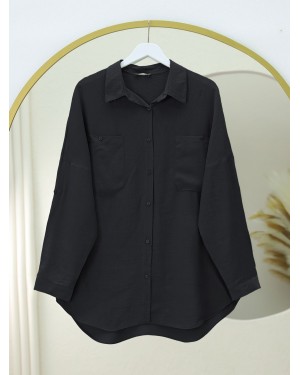 Double Pocket Oval Cut Folded Sleeve Shirt Tunic -Black