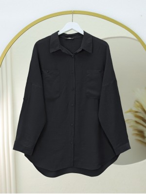 Çift Cepli Oval Kesim Kolu Katlamalı Gömlek Tunik -Siyah