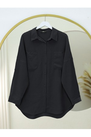 Çift Cepli Oval Kesim Kolu Katlamalı Gömlek Tunik -Siyah