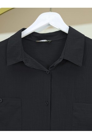 قميص تونيك ذو جيب مزدوج وقصّة بيضاوية وأكمام مطوية -أسود