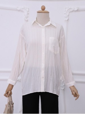 Tek Cepli Düğmeli Krinkıl Tunik -Ekru