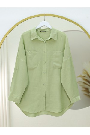 Çift Cepli Oval Kesim Kolu Katlamalı Gömlek Tunik -Çağla Y.