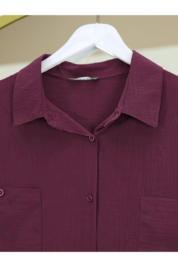 Çift Cepli Oval Kesim Kolu Katlamalı Gömlek Tunik -Bordo