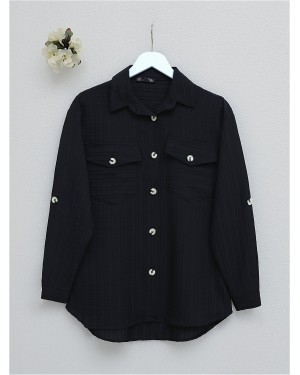 Ribbed and Buttoned Shirt with Covered Pockets  -Black
