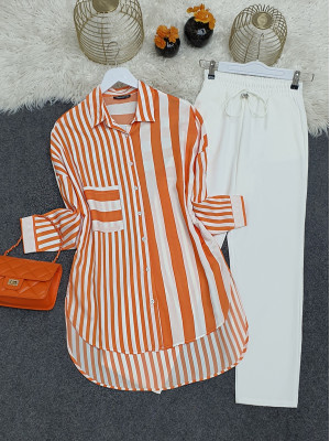 Çizgili Keten Gömlek -Turuncu