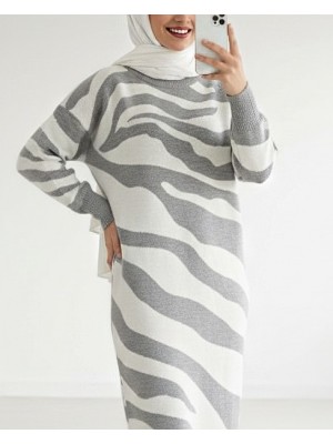 Yırtmaçlı Desenli Triko Elbise -Gri