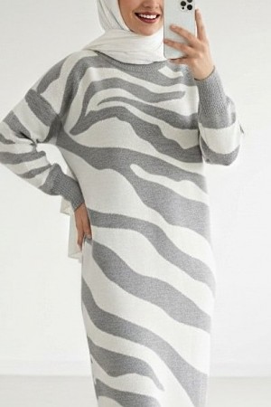 Yırtmaçlı Desenli Triko Elbise -Gri