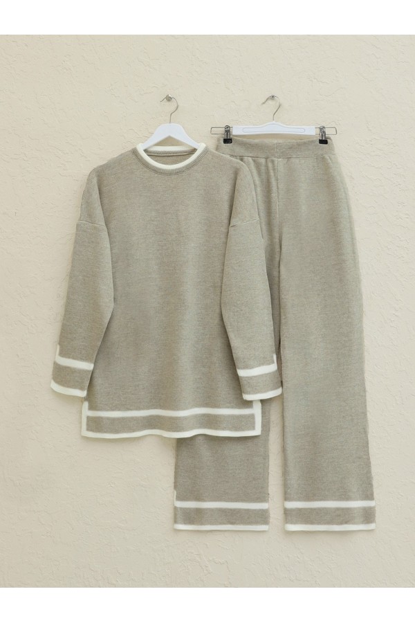 Double Knitwear Set with Striped Cuffs  -Mink color