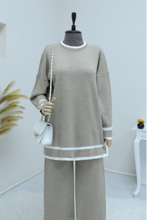 Manşetleri Şeritli İkili Triko Takım  -Vizon