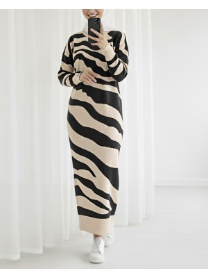 Yırtmaçlı Desenli Triko Elbise -Taş