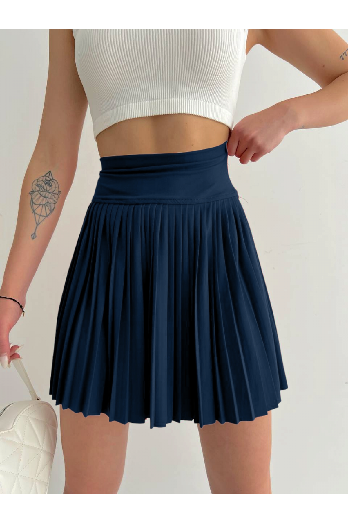 Elastic Waist Pleated Lined Mini Skirt with Shorts  -Navy blue