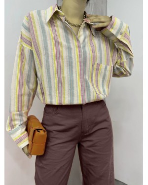 Embossed Striped Single Pocket Oversize Shirt -PHOSPHORUS GREEN