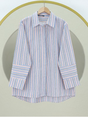 Arkası Uzun Kabartma Çizgili Oversize Gömlek -Mavi