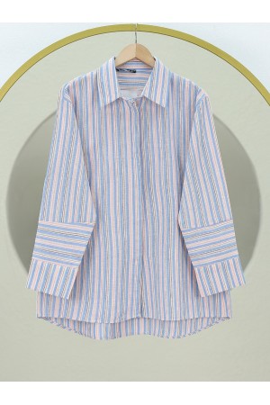 Arkası Uzun Kabartma Çizgili Oversize Gömlek -Mavi