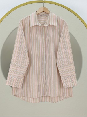 Arkası Uzun Kabartma Çizgili Oversize Gömlek -Vizon