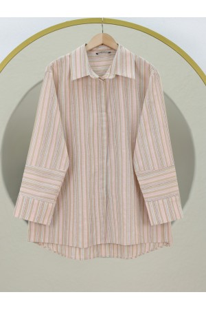 Arkası Uzun Kabartma Çizgili Oversize Gömlek -Vizon